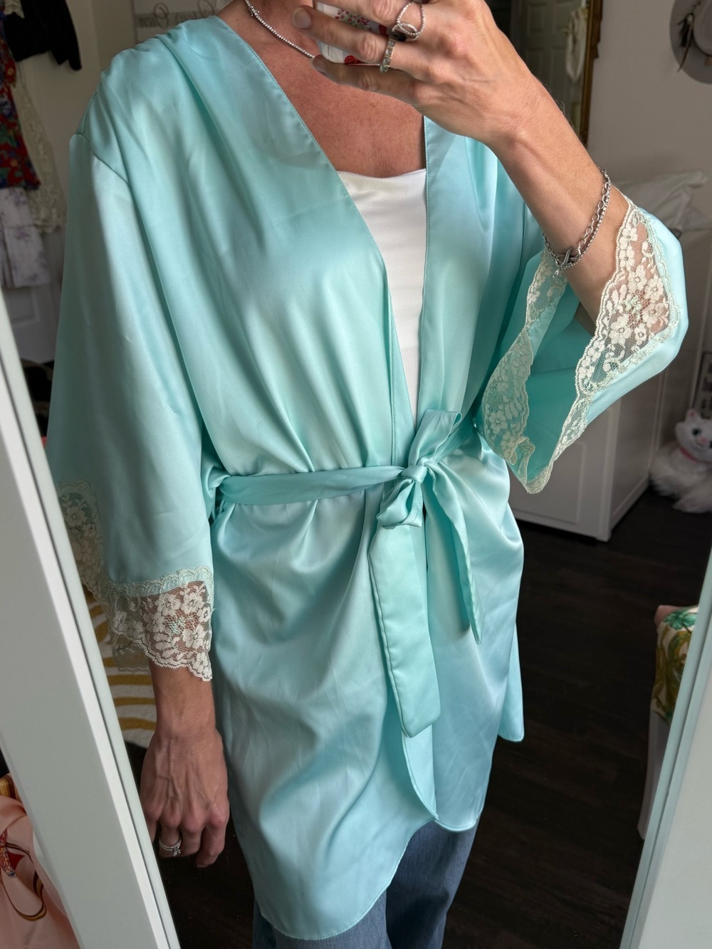 Vintage Victoria’s Secret Aqua Satin Lace Kimono Robe Union Made